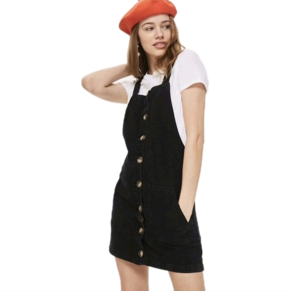 Moto Topshop Black Denim Jumper Women’s 8 Mini Dress Button Up Y2K Grunge Biker